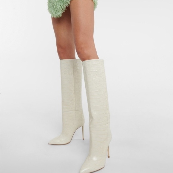 PARIS TEXAS Embossed Croco Bone China Cream Tall Stiletto Boots - Picture 12 of 16